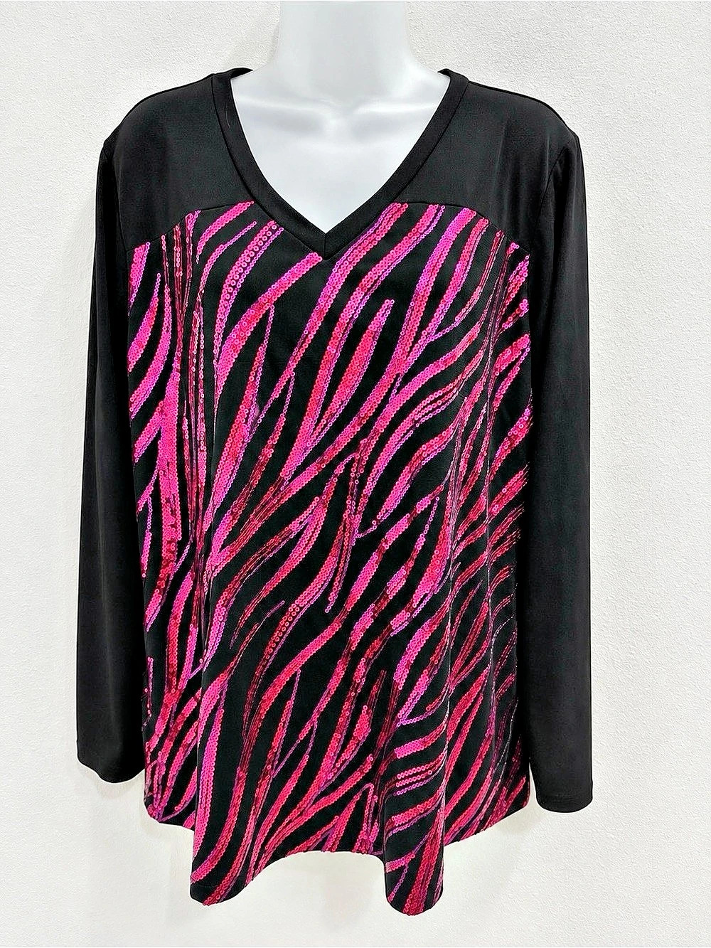 Bob Mackie Wearable Art XL Sequin Zebra Print Top Black Pink